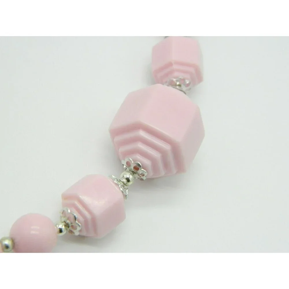 Pink Geometric Acrylic Bead Beaded Silver Tone Vintage Necklace